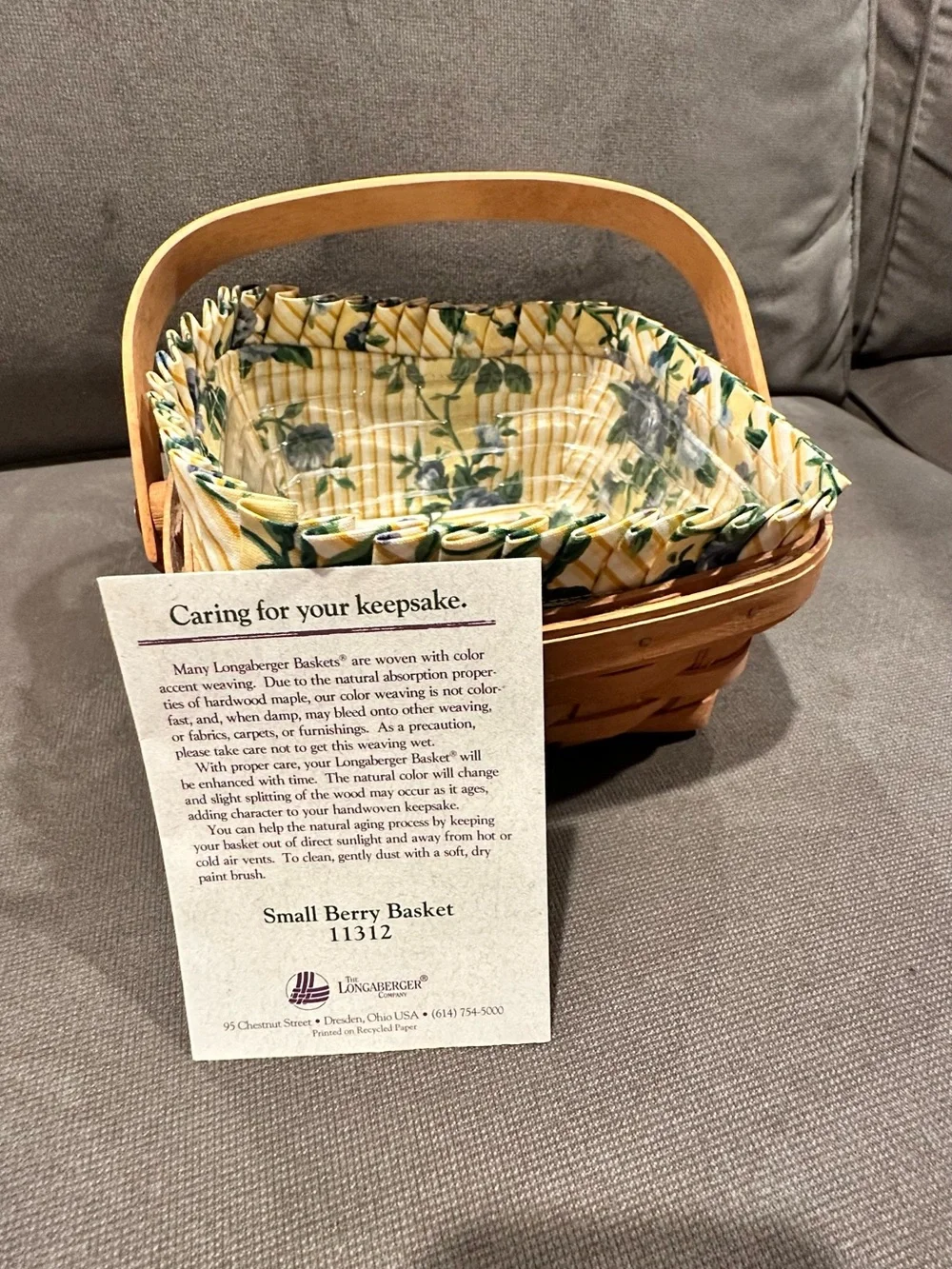 Longaberger Small Berry Basket with Yellow Floral Fabric Liner & Protector